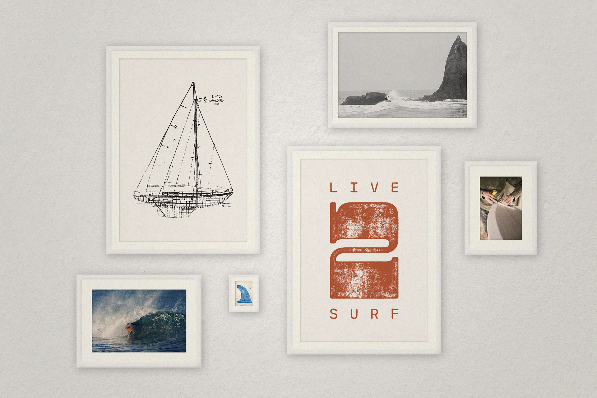 Framed collage of photography, woodblock prints, and screen prints
